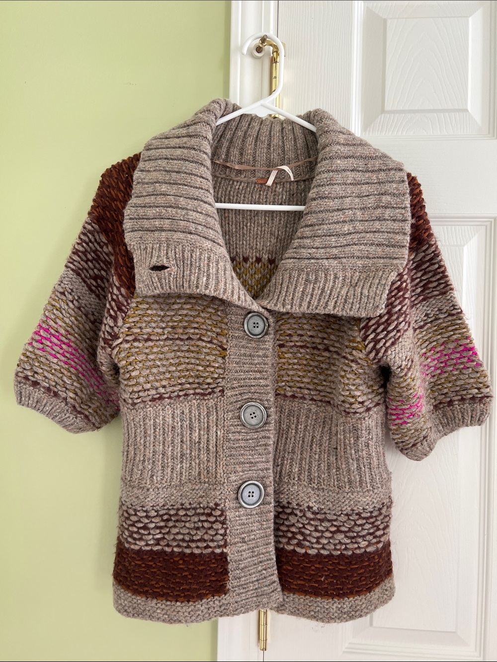 Free People Taupe Chunky Knit Shawl Collar Cardigan with Brown & Olive and Pink